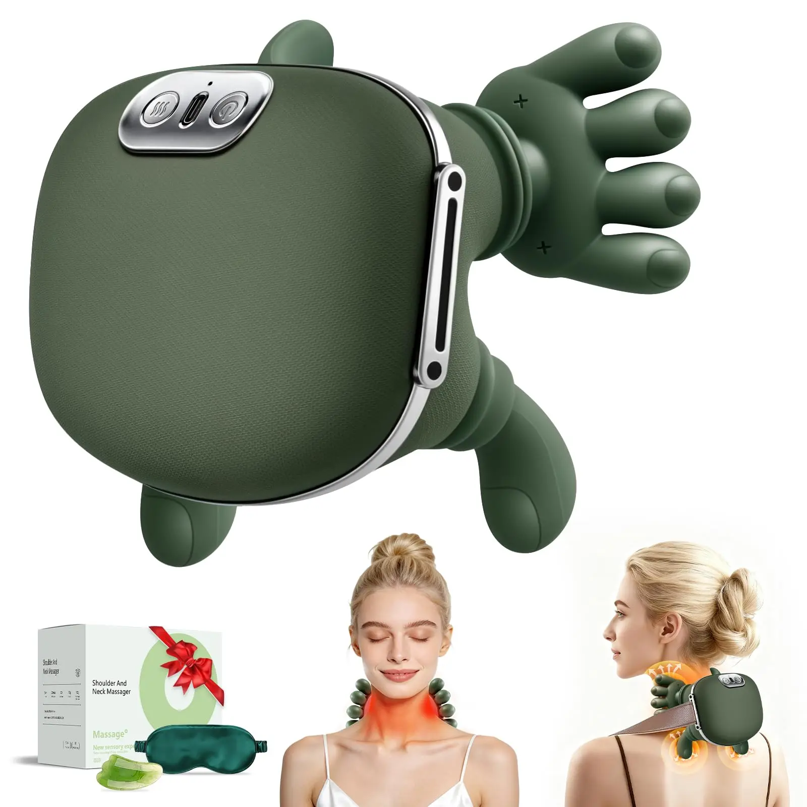 Electric Shiatsu Massage Device with Neck Shoulder Relaxer - Soothing Heat, Human Hand-Simulating Deep Kneading Nodes, Portable Muscle Relief for Adults, Green, Mother's Day Gift with Sock, Abs Targeting