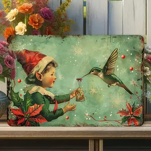 Vintage Christmas Elf with Hummingbird Metal Tin - Durable 12x8 inches Iron Wall Art for Home, Gym, Cafe, Garage and Garden Decor, Easy to Hang Wall decoration iron painting