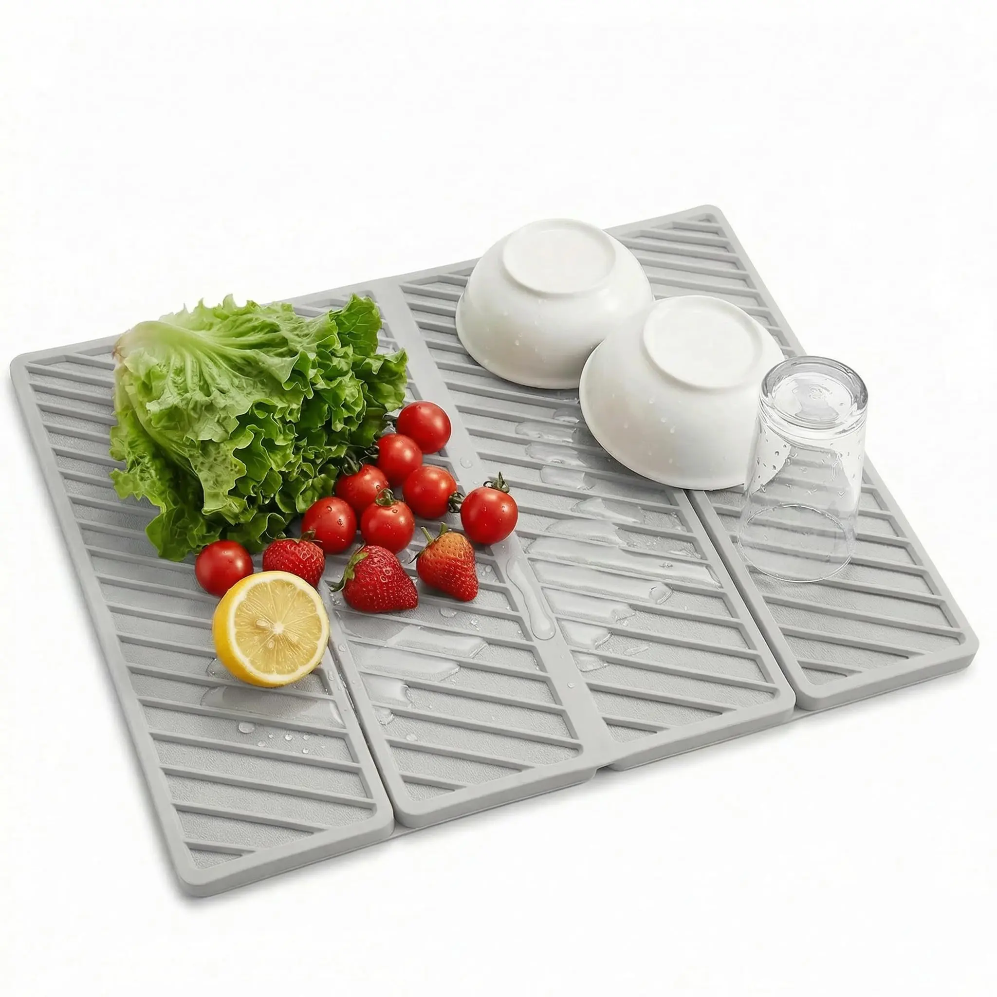 Silicone Foldable Covered Stone Drying Mat for Kitchen Counter,Collapsible & Quick Dry 15.2"x19.7" Diatomaceous Earth Dish Drying Mat,Foldable Water Absorbent Kitchen Counter Mat