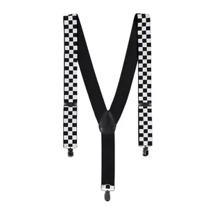 Checkered Suspenders - 23" - 37" | Black & White Adjustable Y-Back Suspenders with Sliver Clasps - Party Dress Up Accessory - Unisex Fashion
