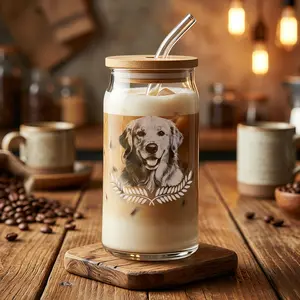 Custom Photo Glass Cup with Bamboo Lid and Straw Set of 20– Personalized Iced Coffee Glass Gift