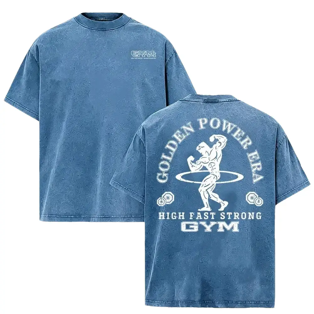 [KM 100%cotton]Vintage Washed Gym Graphic T Shirt for Men 100% Cotton Oversized Bodybuilding Fitness Tee Retro Muscle Workout Shirt Heavyweight Training Gymwear Casual Streetwear Summer Graphic Top Gift for Gym Lovers Menswear Tshirt Crewneck Tropical