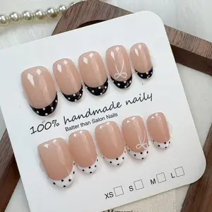 Handmade Short Oval Nail Tips, French Bow Ab Style, Glossy Polka Dot Design, Daily Wear, Cute DIY Essential