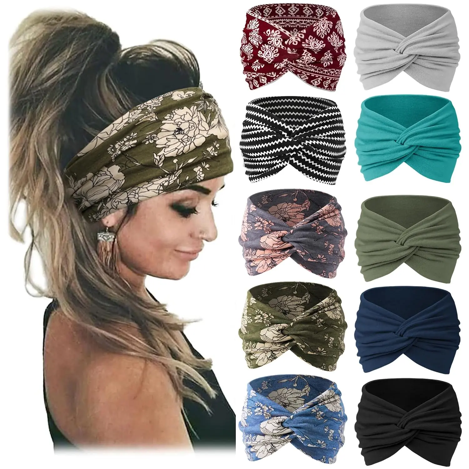 Women's Wide Edge Twisted Headband Set Pack (10pcs), One Size Workout Accessory - Ready to Use, Fixes Hair, Absorbs Sweat, Fits Ponytail/Bun Styling, Adds Chic Touch, Suitable for Daily Wear