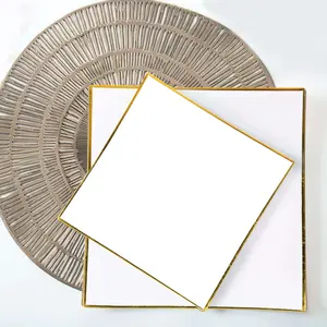 10-Pack Plastic 8" Square Dessert Plates in White Concave Style with Gold Rim - Modern Disposable Salad Appetizer Party Plates for Weddings & Special Events