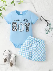 Baby Boy's Letter Print Short Sleeve Bodysuit & Checkerboard Print Shorts Set, Casual Summer Outfits Infant Toddler Clothes for Infant, Newborn Baby Gifts