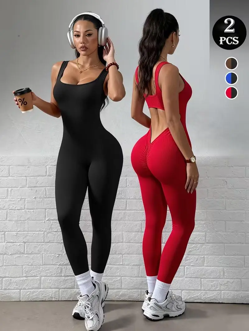 Hijesse Ladies fashion seamless long yoga sleeveless jumpsuit two-piece, comfortable and breathable sleeveless, tight jumpsuit suitable for yoga gym exercise.