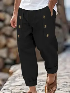 Men's Linen Long Fitted Pants with Elastic Waist Drawstring, Multi-Pocket Design, Casual Sporty Style, Skin-Friendly Fabric, Essential Wardrobe Item, Casual Jogging Pants