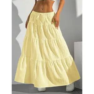 Elegant women's high waisted pleated long skirt with adjustable drawstring, lightweight flat dress for all seasons, casual and fashionable clothingRAIMENTRY