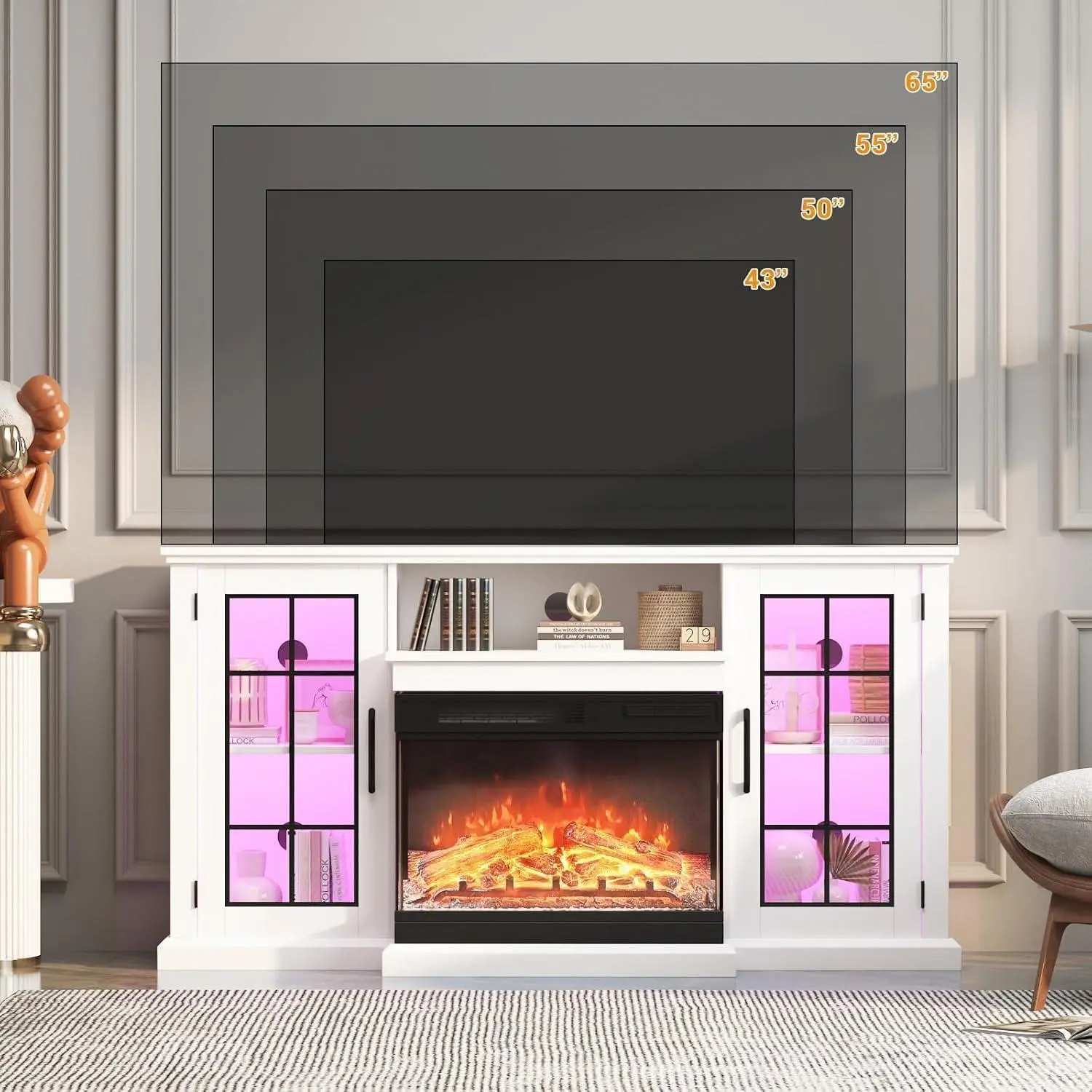 59" Fireplace TV Stand & 24" 3 Sided Glass Electric Fireplace, 12 Colors LED Lights Flame, 750W/1500W for Max 65" TVs, 2 Tier Storage, 2 Glass Door Cabinet,White