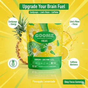 Goomz Focus Functional Mushroom Gummies - 8:1 Blend with Kanna, Lion's Mane, & Cordyceps - Pineapple Lemonade Flavor - Vegan, Energy & Concentration Support - 15 Gummies