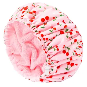 Pink Terry Lined Shower Cap Triple Layer Waterproof Adjustable Elastic Bath Cap with Cherry Pattern for Long Thick Hair