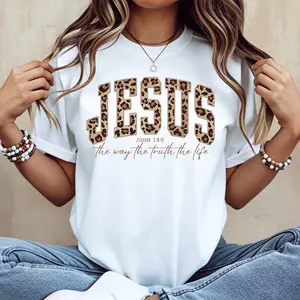 Jesus Leopard Print Bible Verse T Shirt White Crewneck Casual Loose Fit Tee For Women And Girls Perfect For Everyday Wear And Outdoor Activities