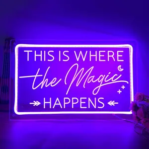 This Is Where The Magic Happens Led Neon Light Sign Wedding Birthday Engagement Bachelorette Party Bar Bedroom Office Wall Sign Decor USB Light Up Sign Gifts 15.75"X9.8" Purple