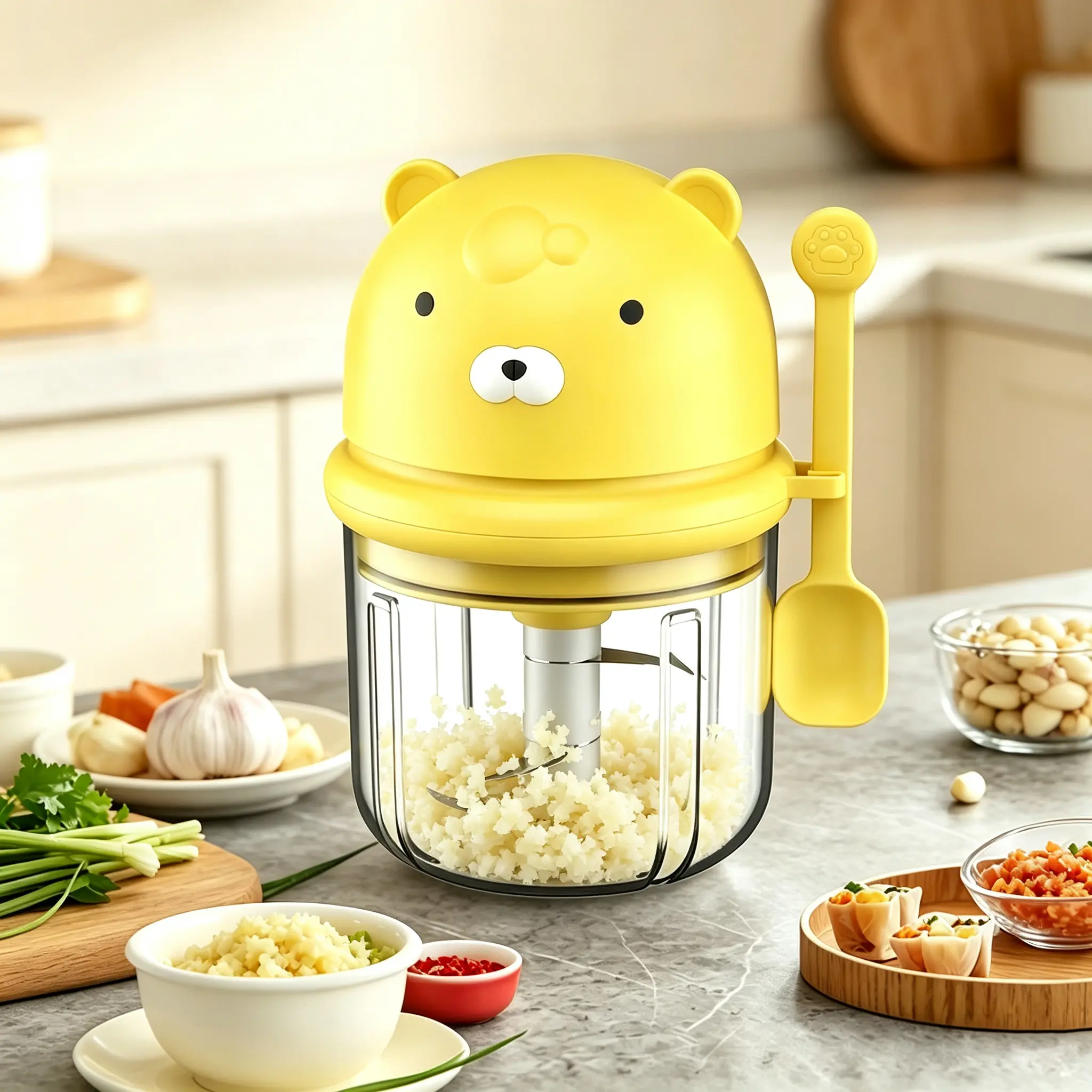 Cartoonish Yellow Bear Rechargeable Wireless Mini Electric Garlic Chopper - Stainless Steel Compact Mincing Tool, Portable Baby Food Processor, Small Kitchen Vegetable Onion Blender, Safe Lock Lid