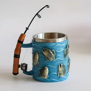 Fishing-Themed Resin Mug with 3D Fishing Rod & Fish Design, Durable Stainless Steel Liner, Perfect Gift for Anglers & Fishing Enthusiasts