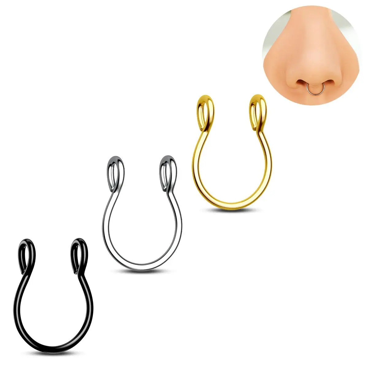 OUFER BODY JEWELRY Fake Piercing Unisex Adjustable Faux Septum Nose Ring - 316L Stainless Steel Fashion Costume Body Jewelry Accessory, Nose Cuff, Nose Piercing Jewelry