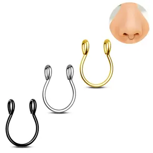 OUFER BODY JEWELRY Fake Piercing Unisex Adjustable Faux Septum Nose Ring - 316L Stainless Steel Fashion Costume Body Jewelry Accessory, Nose Cuff, Nose Piercing Jewelry