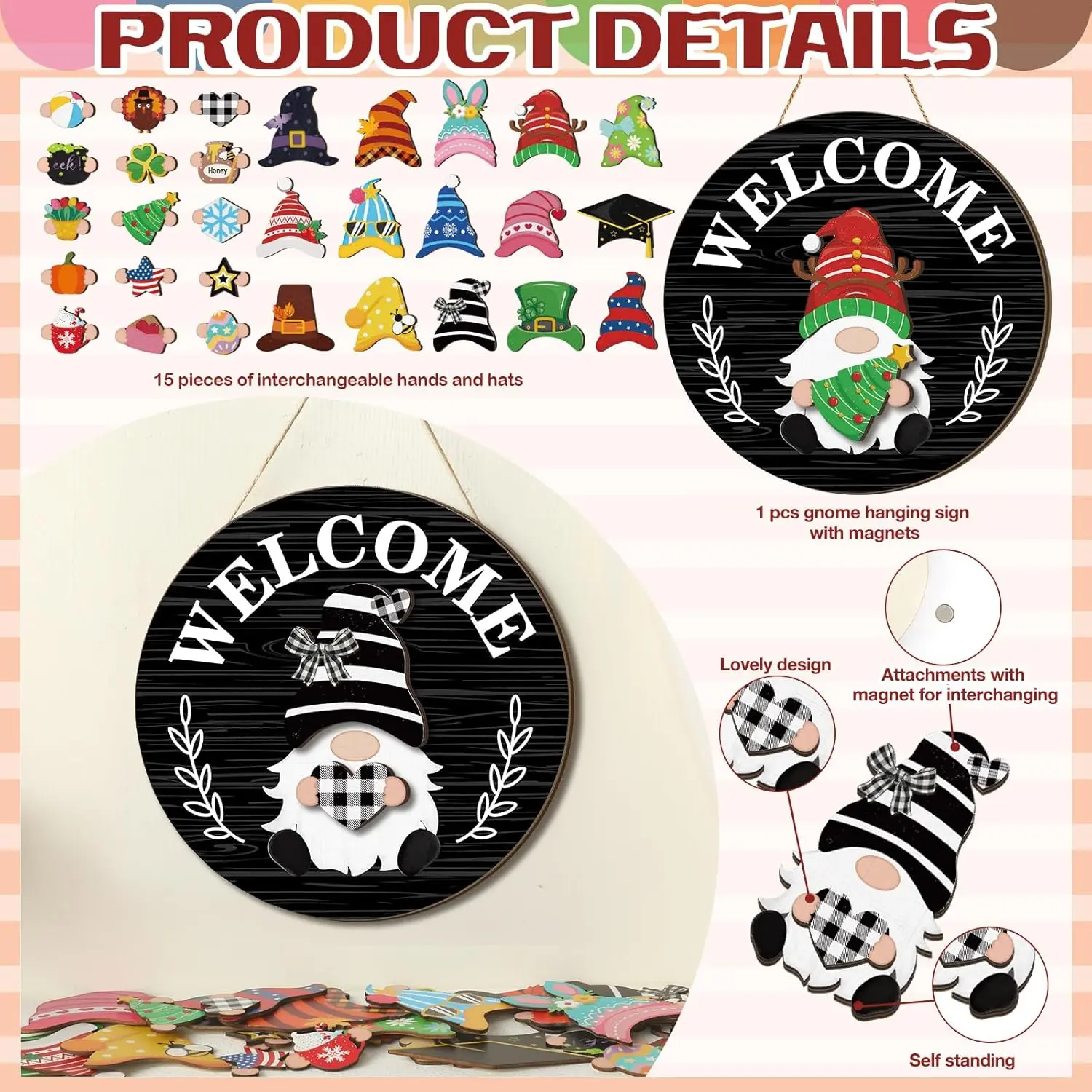 Interchangeable Wooden Gnome Decor Holiday Seasonal Gnome Decorations with Magnet Pieces and Detachable Hats Changeable Welcome Sign for Home(Black Style) Interchangeable Wooden Gnome Decor Holiday Seasonal Gnome Decorations with Magnet Pieces and Detachable Hats Changeable Welcome Sign for Home(Black Style)