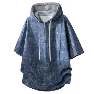 American-style new summer men’s tie-dye hooded top with half zipper and three-quarter sleeves—trendy casual sporty, loose fit, comfortable and breathable, versatile; unisex design for everyday wear and outdoor activities.