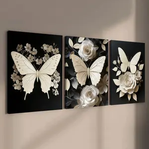 3-count wooden frame canvas, minimalist black and white gold foil texture butterfly art poster, modern family poster, fashionable living room decoration, suitable for corridor, bedroom walls, waterproof art, Minimalist Design, Artistic