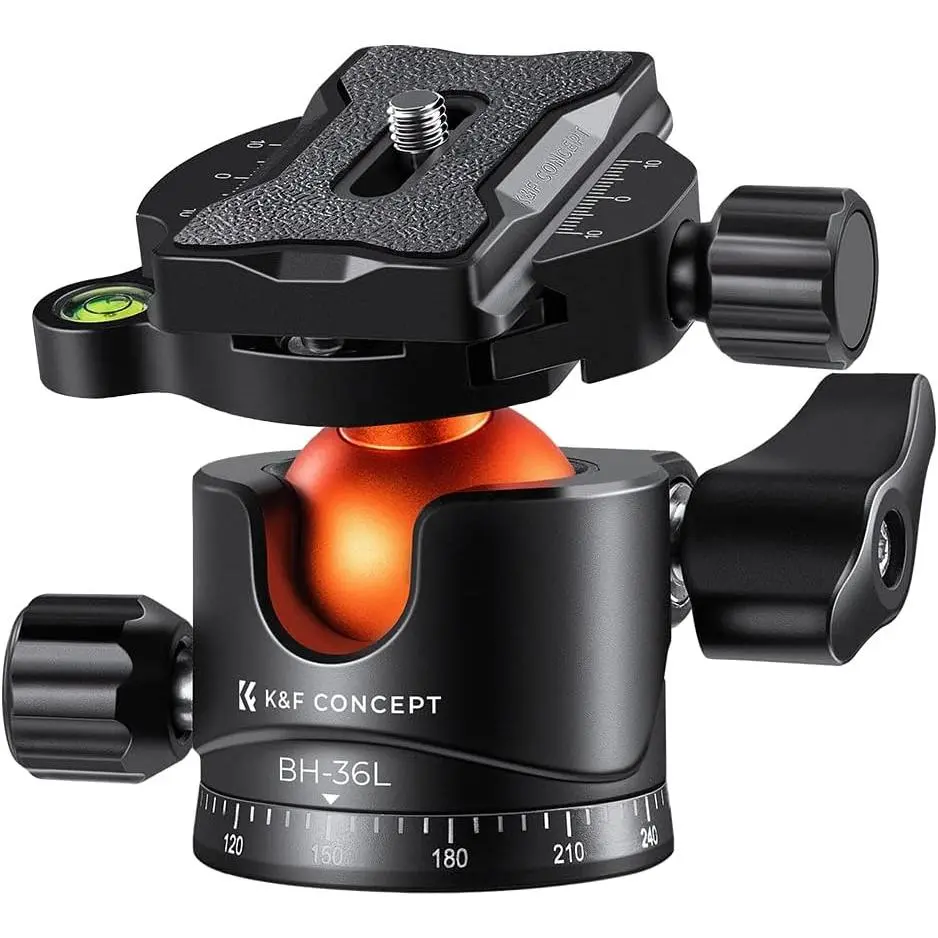 K&F CONCEPT 36mm Durable Aluminium Alloy Camera Tripod Ball Head - 360-Degree Rotating Panoramic, 1/4-Inch Quick Release Plate, Bubble Level, 35.2 lbs/16KG Load Capacity for DSLR, Slider, Camcorder