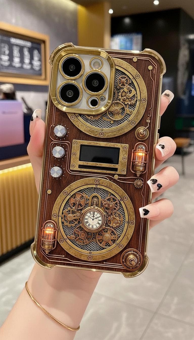 Silver gray trendy phone | Used mechanical style radio phone case suitable for iPhone 17/16/15/14/13/12/11 ProMax transparent airbag anti drop retro sound design protective case with high aesthetic value