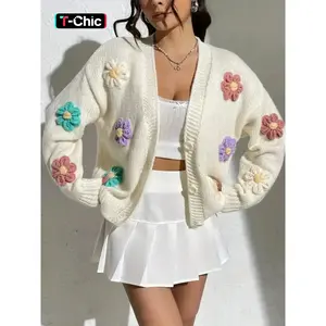 Women’s fitted cardigan with 3D floral appliqués and front buttons, casual long-sleeve V-neck knitwear for autumn and winter, going-out top, ladies’ knit clothing for everyday wear