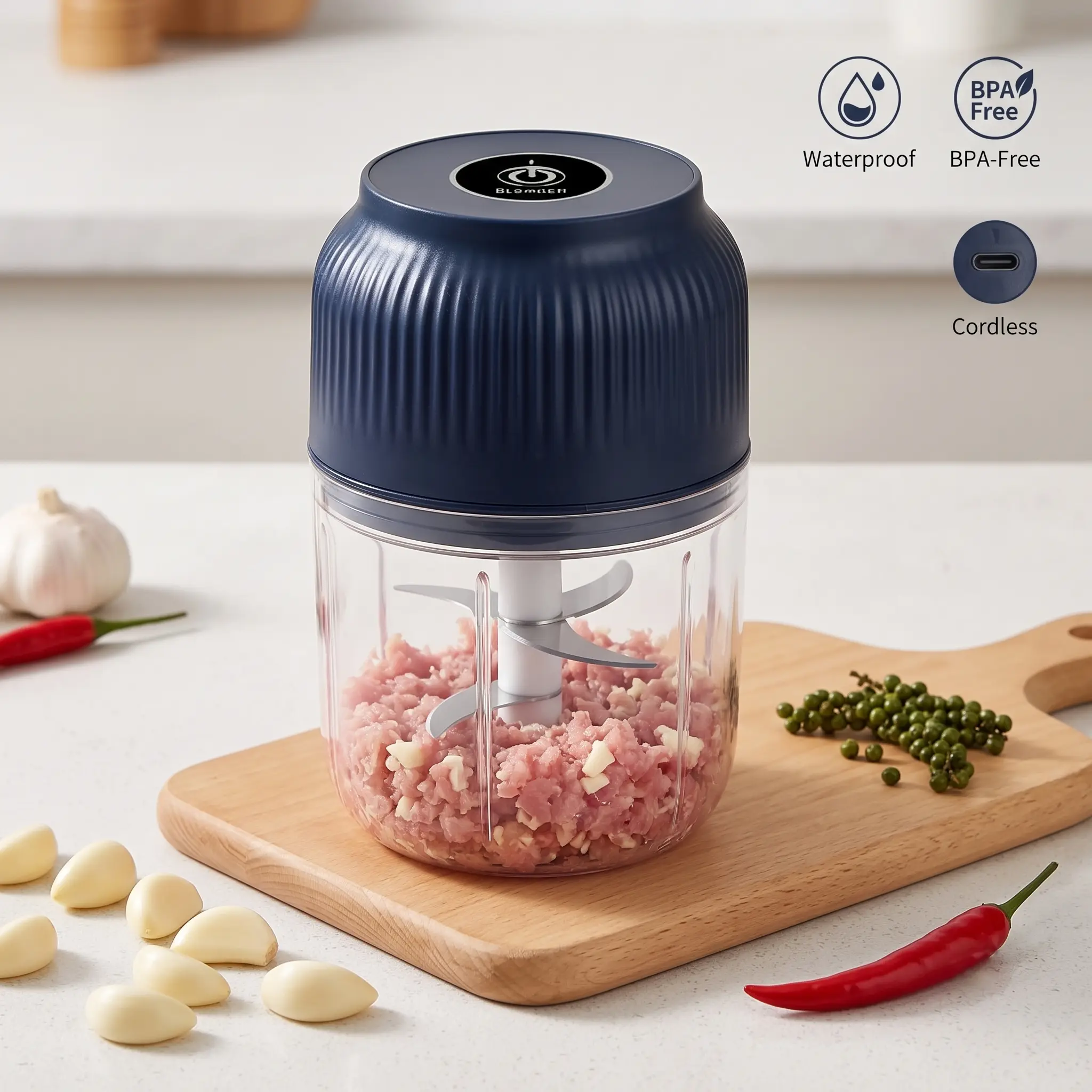 300ML Portable Electric Garlic Chopper, 4 Sharp Blades Cordless Food Processor & Veggie Grinder, Easy to Clean Waterproof Onion Chopper Masher Blender for Ginger, Chili, Nuts, Pepper, Baby Food