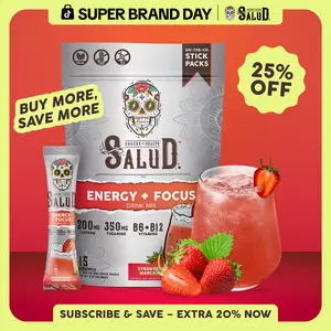 Salud 2-in-1 [Energy + Focus – Strawberry Margarita] Clean Energy Drink Mix, Agua Fresca, Organic Caffeine, B6 & B12, L-Theanine, Drink Packets, Non-GMO, Gluten Free, Vegan, Low Calorie, 1g Sugar (15 Servings)