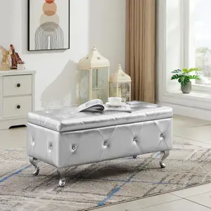 [Bellemave]Upholstered Storage Ottoman Bench For Bedroom End Of Bed Faux Leather Rectangular Storage Benches Footrest With Crystal Buttons For Living Room Entryway