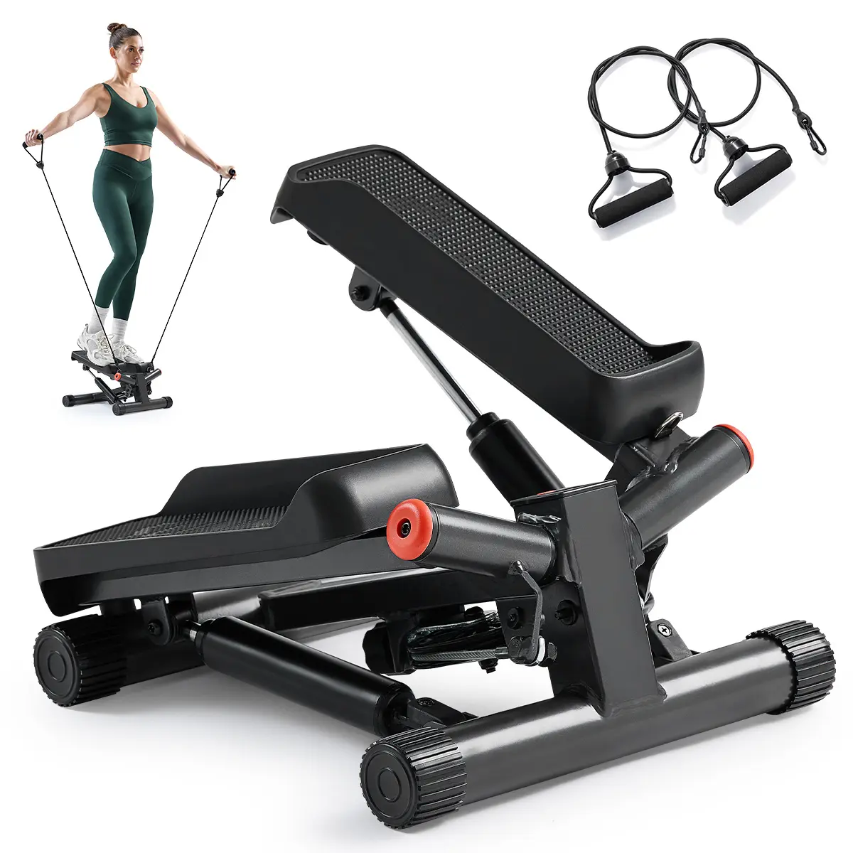 Sunny Health & Fitness Smart Mini Twist Stepper with Resistance Bands, Home Gym Workout Fitness, Compact Home Cardio Machine, Twisting Stepper/Climber & Squat Trainer, Portable Quiet, Full-Body Rehab/Core, Leg/Thigh/Glute Toner, 300 lbs Capacity