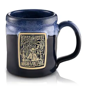 Bones Coffee Company | High Voltage Handthrown Ceramic Coffee Mug Black Blue 14oz Dishwasher Safe Bones Coffee Company | High Voltage Handthrown Ceramic Coffee Mug Black Blue 14oz Dishwasher Safe