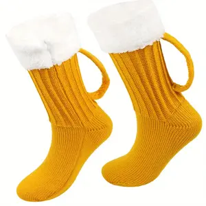 1 Pair Bright Yellow Beer socks - Thermal Mid-Calf party socks with loop for easy removal, Festive Costume, Christmas, New Year's Eve, Pub Crawls - Funny Novelty Gift for Beer Lovers, Beer Gifts, Holiday Costume Accessory, Playful Sock Design