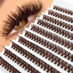 200pcs D-Curl Fluffy 60D Brown False Eyelash Clusters, Thick & Full Coffee Cat Eye Lashes, Natural Brown Single Lashes For DIY Eyelash Extension, Everyday Makeup