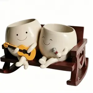 Couple Singing Happy Face Planter with Rocker, Resin Indoor Plant Pot, Drainage Hole, Suitable for Succulents, Cacti, Herbs, Home Plants