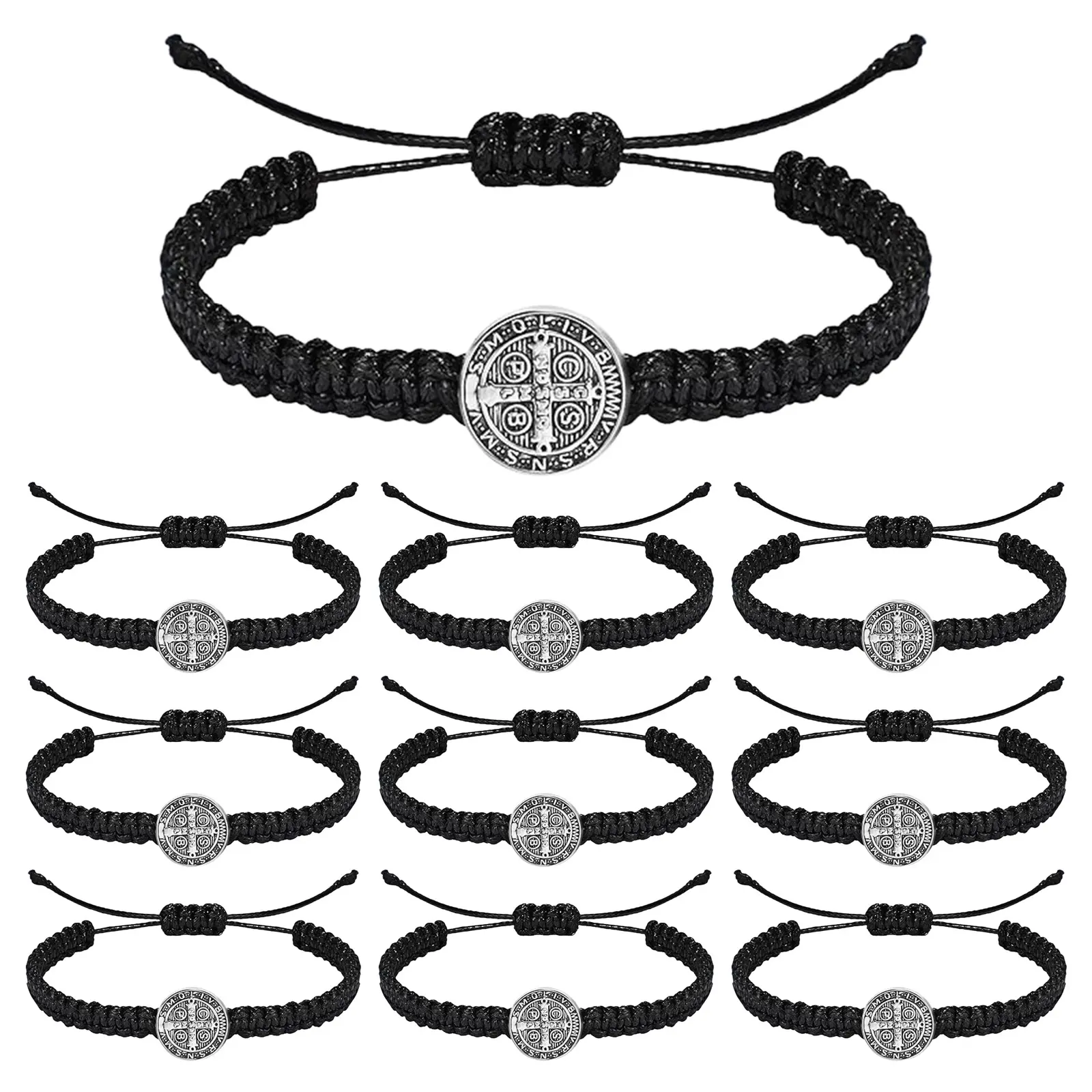 OIDEA 10-Pack Saint Benedict Bracelets for Men Women, Handmade Black Braided Cord Jewelry with Alloy Medal, Adjustable 15-26 cm for Daily Prayer, Saint Benedict Medal, Religious, Daily Wear, Drawstring Fit, Group Sets, Unisex, 15 Cm To 26 Cm