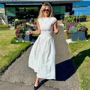 Woman's Vintage Polka Dot High Waist A-line Midi Dress, Breathable Stretchy Soft Knit Fabric, Spring Summer Body Inclusive Dress, Hide Belly Arm Fat, French Retro Style, Fit Daily Date Travel Commute, Easy Match Elegant Casual Party Dress
