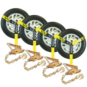 VULCAN Car Tie Down with Chain Anchors - Lasso Style - 2 Inch x 96 Inch - 4 Pack - Classic Yellow - 3,300 Pound Safe Working Load Automotive Webbing Tire