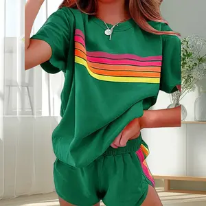 Women's Retro Rainbow Stripe Matching Sets 2026 Spring Sportif Chic 2 Piece Sets Comfy Knit Casual Lounge Set with High-Waisted Shorts & Short Sleeve Sweatshirt Set Soft Cotton Dopamine Dressing Streetwear Trendy Airport Outfits Spring Break Essentials ti