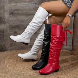 [Knee-High Boots with Bow Detail] [Comfortable Boots] Elegant Women's Knee-High Boots with Bow Detail - Square Toe, Chunky Low Heel, Lace-Up, Girl
