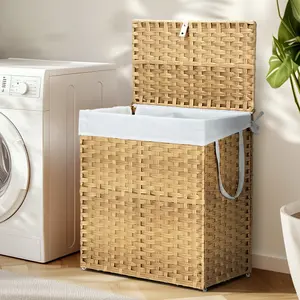 Foldable Woven Rattan Laundry Basket with Adjustable Lid – Steel Frame, Machine Washable for Home & Bathroom