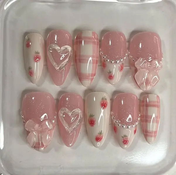 Handmade Pink Bow Srawberry hand painted Nails, Custom press-on nails, Handmade Press on Nails, Cute Pink Nail, Faux Acrylic Nails, 3D Gel Nails, Press on Nail