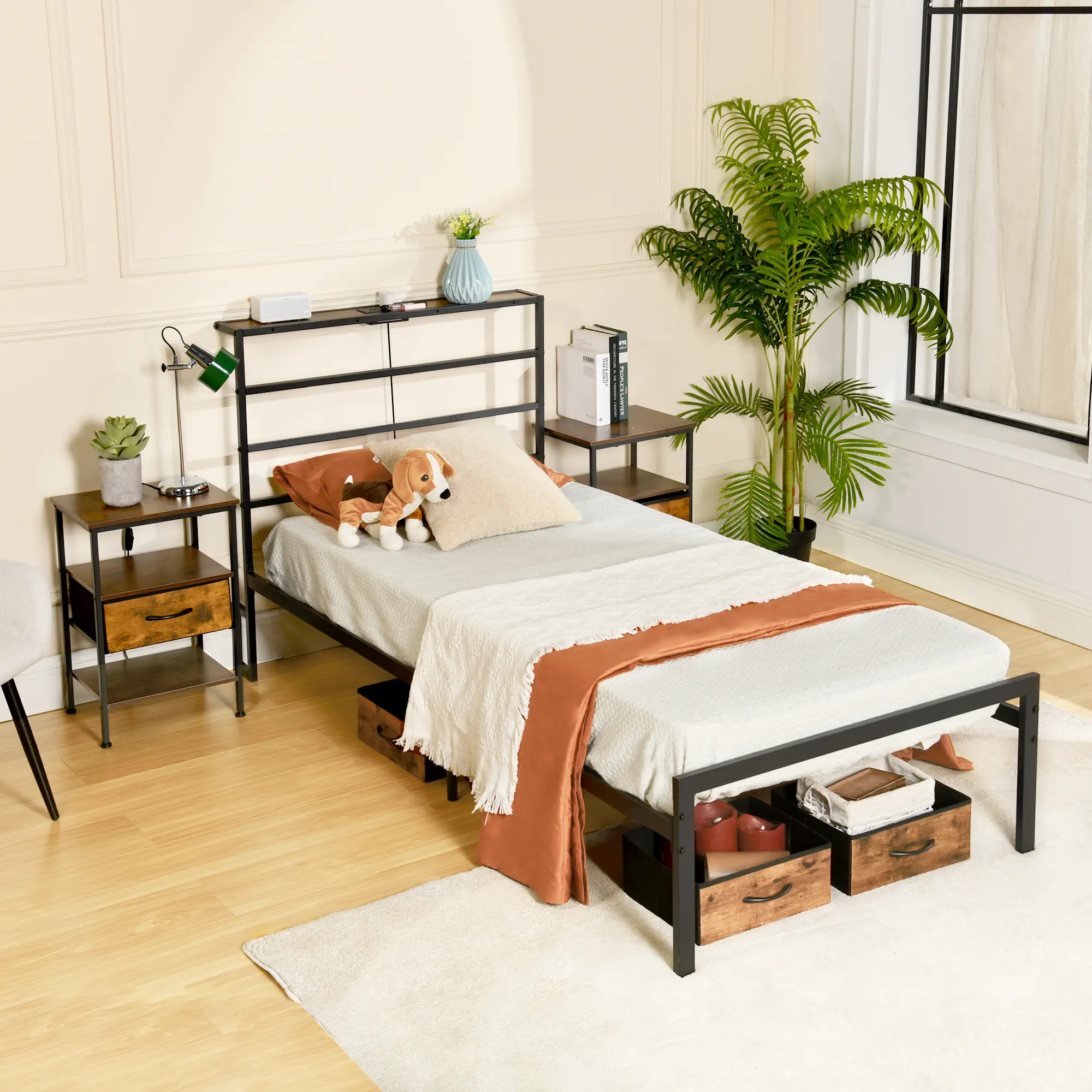 Homy Casa Staly Countryside Metal Bed Frame with Storage Headboard Built-in USB Ports & LED Lights Full Twin Size Heavy Duty Steel Frame No Box Spring Needed Smart Bedroom Upgrade