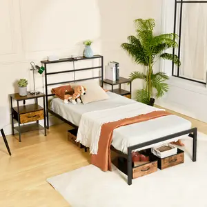 Homy Casa Staly Countryside Metal Bed Frame with Storage Headboard Built-in USB Ports & LED Lights Full Twin Size Heavy Duty Steel Frame No Box Spring Needed Smart Bedroom Upgrade