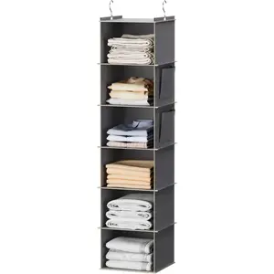 Space-Saving 6-Tier Closet Organizer Rack, Closet Storage System, Foldable Hanging Storage Shelf with 2 Strong Hooks, Ideal for Wardrobe Organization