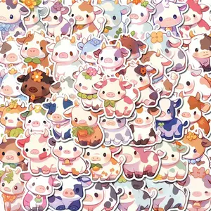 Cute Cartoon Cow Pattern Sticker, 50pcs/set Waterproof Self Adhesive Decor Paper, Decor Sticker for Gift Greeting Card Water Bottle Laptop Phone