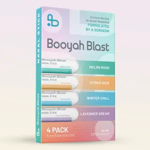 Booyah Blast Nasal Inhalers - 100% Natural Aromatherapy for Focus & Calm - 4 Pack with Pure Essential Oils - Pocket-Sized for On-The-Go Use - Science-Backed for Better Breathing