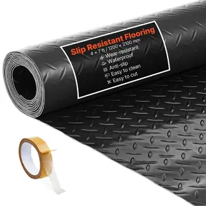 【Summervibes】VEVOR Garage Floor Roll, 4 x 7 ft Garage Flooring Mat, 2.2 mm Thickened PVC Diamond Plate Floor Protector Mat with Double-sided Tape, Non-Slip, Easy to Clean for Warehouse, Gyms, Trailer, Black