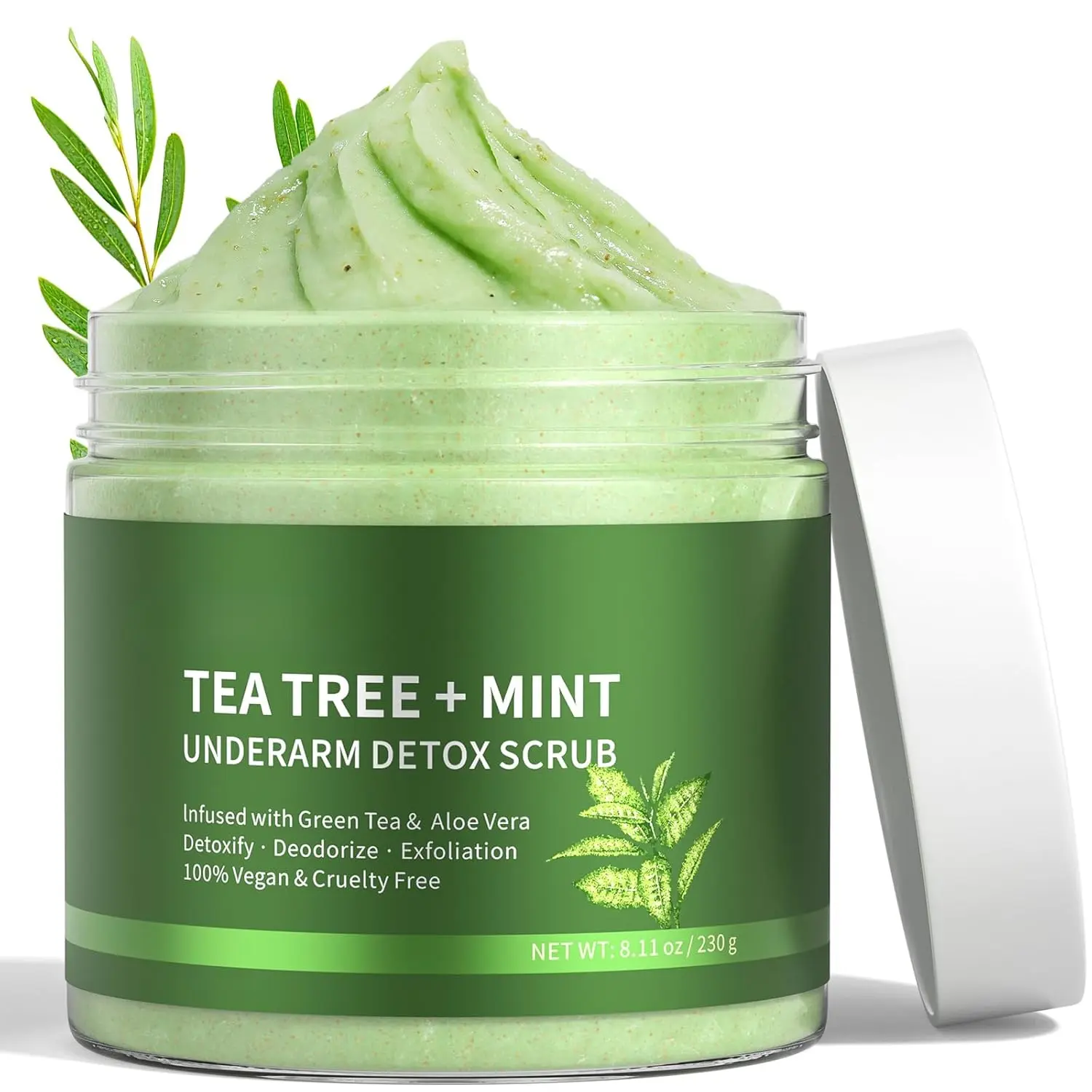 Natural Unisex Underarm Detox Scrub - Tea Tree, Mint, Walnut Shell Powder, Green Tea, Gentle 8.11 Oz Cosmetic Exfoliator for Sensitive Skin Adults, Odor Removal, Dark Spot Correction, Gym Use, Full Body, Hands, Night Out